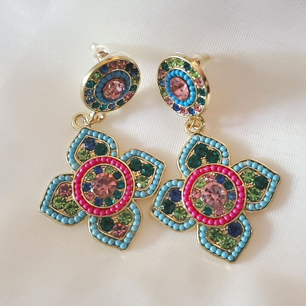 Multicolor Mosaic Rhinestone Earrings - Picture 2 of 12
